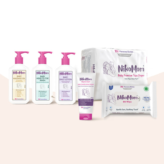 NikoMom baby care products including bottles, lotion, wipes, and diapers on a white background