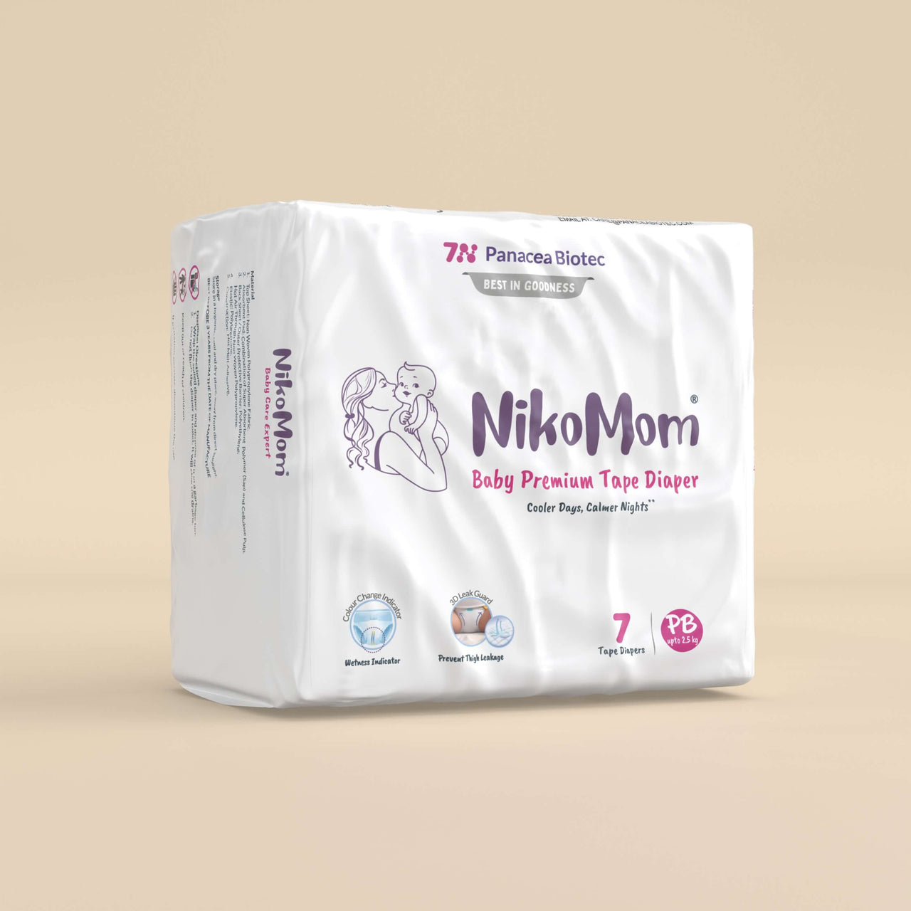 NikoMom baby premium tape diaper packaging on a beige background